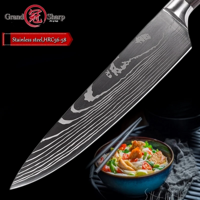 Нож шеф-повара, 8 дюймов, Профессиональные Кухонные ножи, лазерная шлифовка, японский дамасский узор, высокоуглеродистая Нержавеющая сталь, Подарочный нож