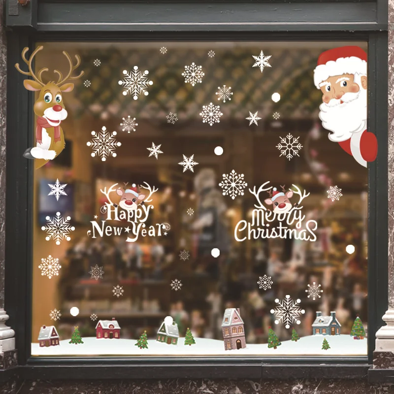 

Santa Claus Snow House Wall Stickers Glass Window Electrostatic Sticker Lovely Elk Decals Christmas Decorations Xmas Party Props