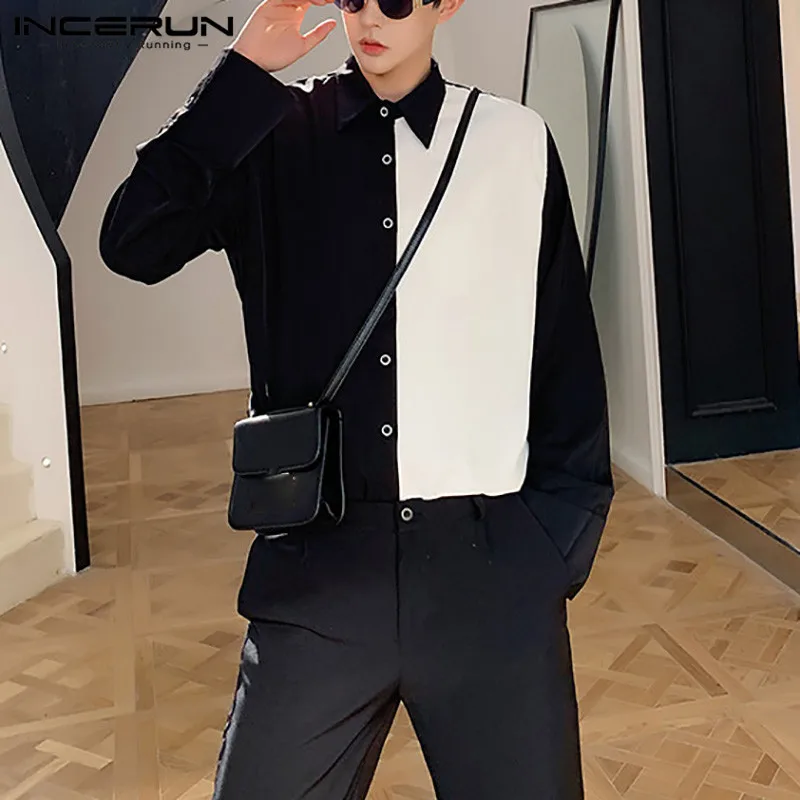

2021 Men Patchwork Shirt Lapel Casual Long Sleeve Streetwear Button Blouse Fashion Chic Korean Style Shirts Men S-5XL INCERUN 7