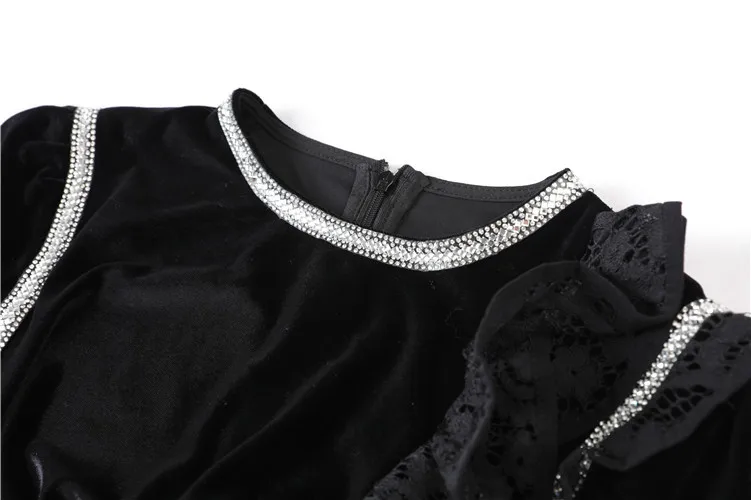 

SP New 2019 Fall / Winter New Round Neck with Diamonds and Ruffles Women Asymmetric Long Sleeve Velvet Top G10100