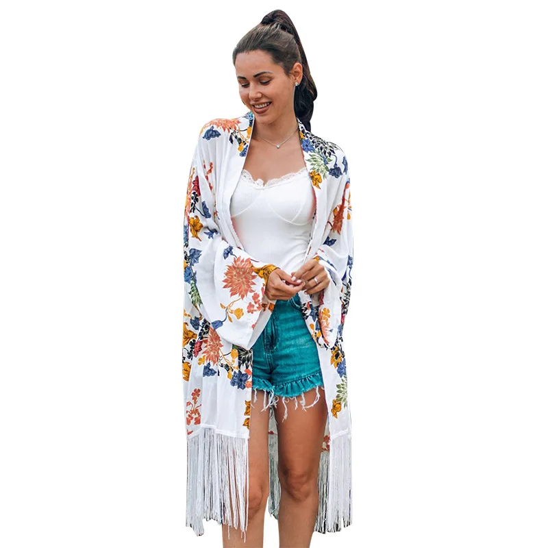 

2021 summer new chiffon ladies small fresh printed beachwear loose sunscreen coverall holiday tassel cardigan