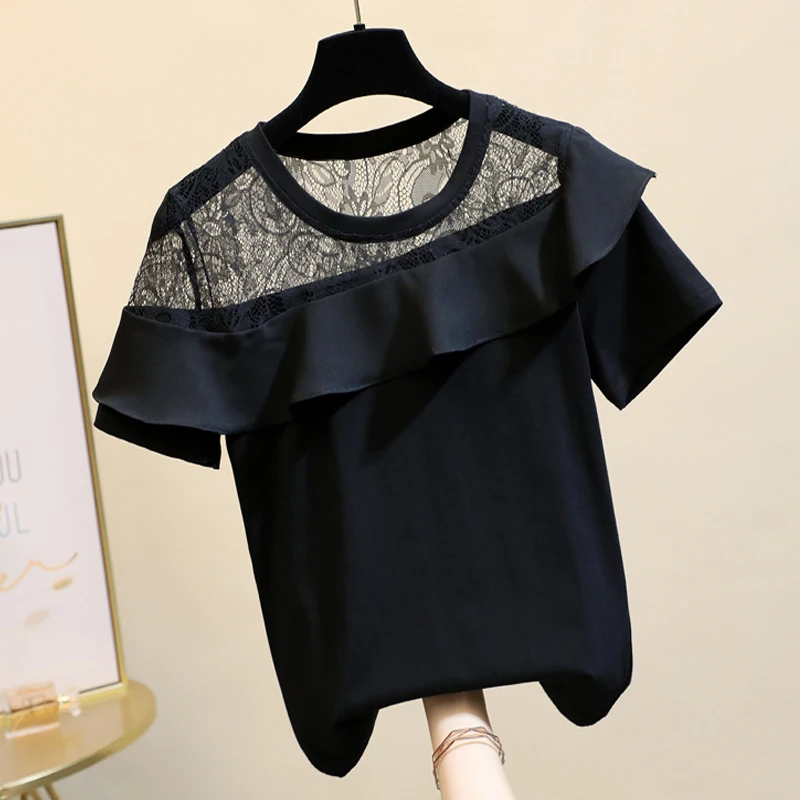 

Black Lace T Shirt Woman 2020 Summer New Lace Joint Short Sleeve Flounced T-shirt Girls Ladies All-match Tops Ropa De Mujer