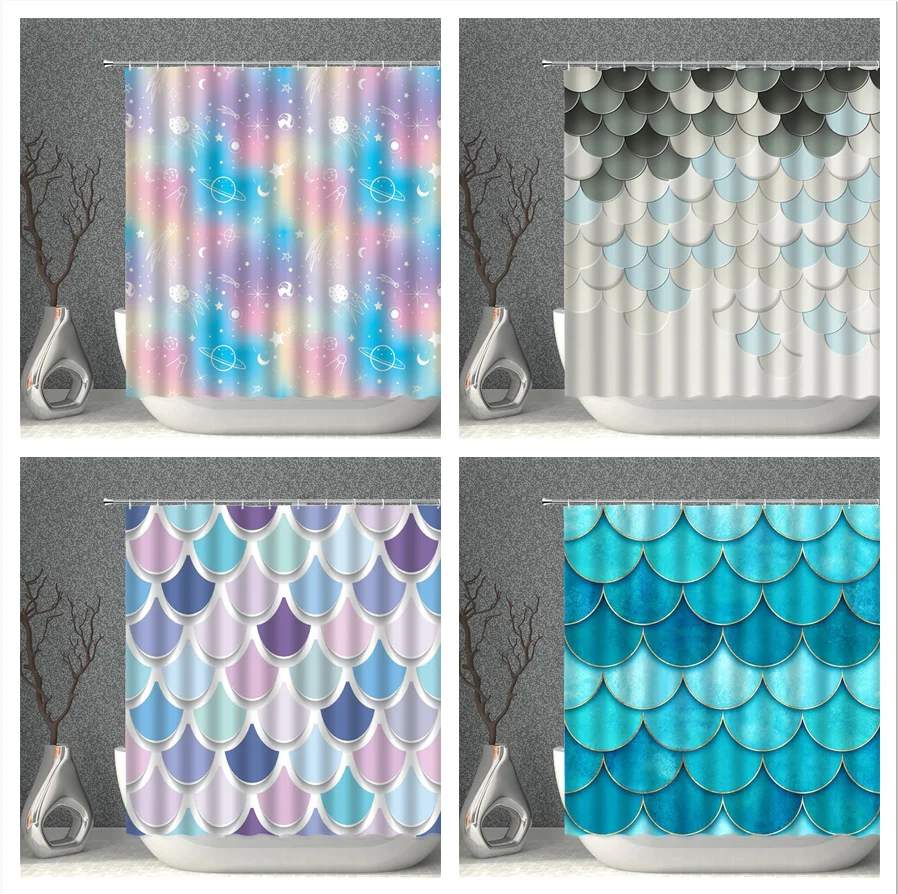 

Mosaic Shower Curtain Gradient Pink Yellow Purple Green Fan Leaf Bathroom Waterproof Curtains Art Decor Fish Pattern Bath Screen
