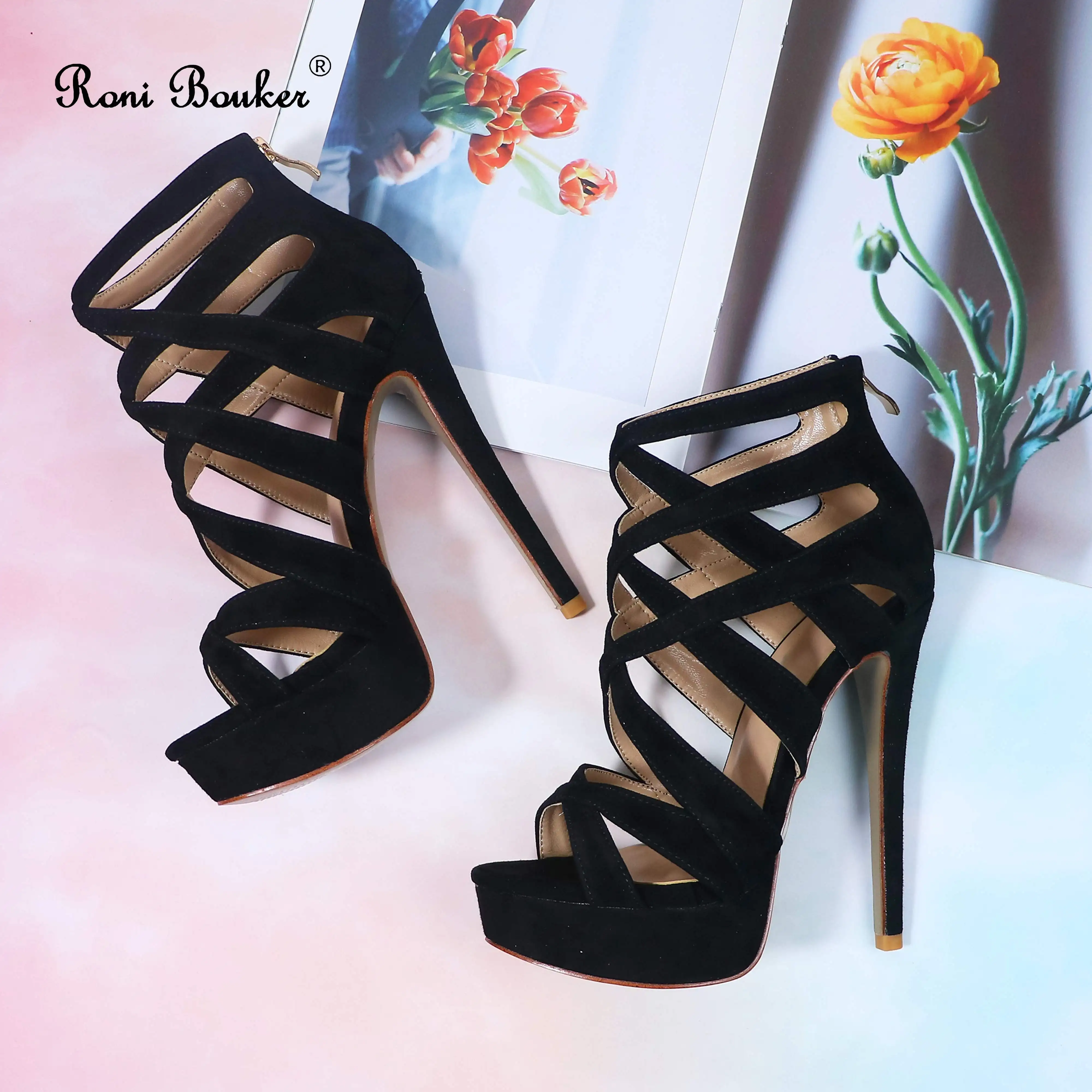 Roni Bouker Fashion Handmade Real Leather Womens High Heel Shoes Women Black Cut-out Gladiator Sandals Woman Platform Heels