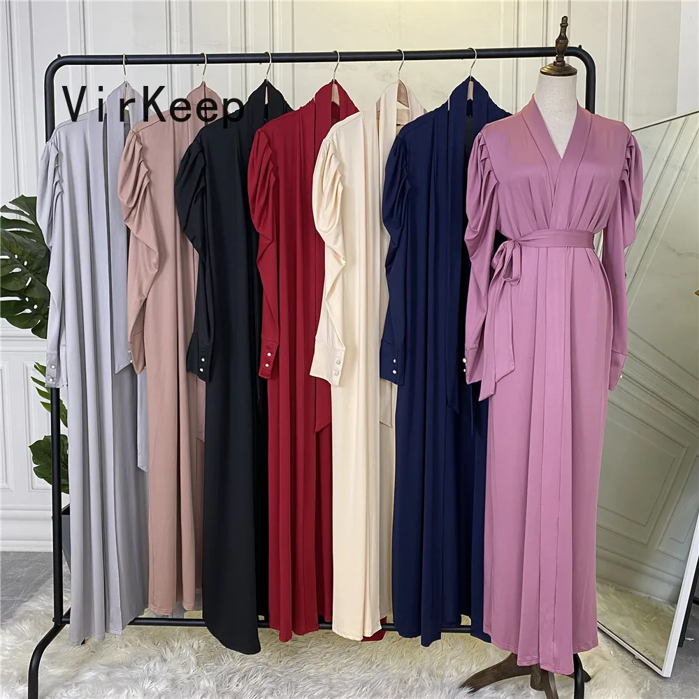 

women solid lace up waist robe ladies cardigan dress casual muslim abaya arabic dubai islamic ramadan kaftan EID gown VKDR2177