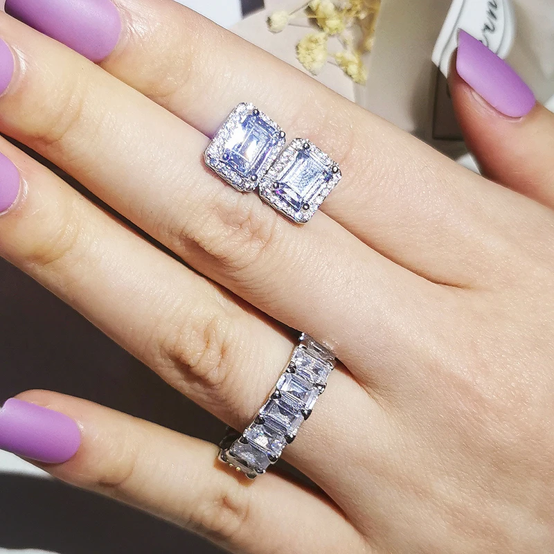 

2pcs Pack 925 Sterling Silver Jewelry Set Halo Engagement Ring Round Stud Earring For Wedding Gift J6024