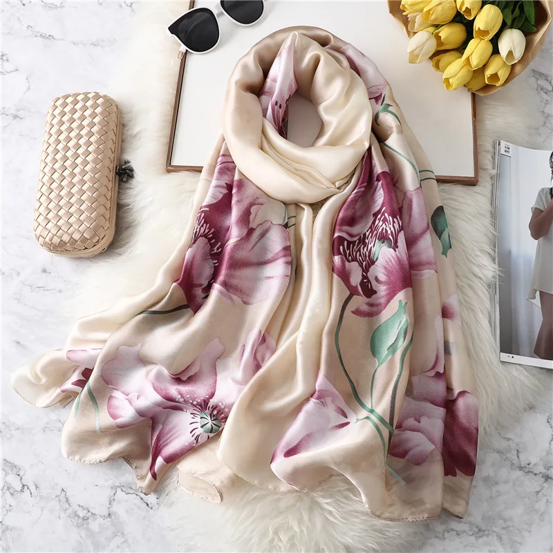 2019 роскошный бренд розовый цветочный принт зимний женский шелковый шарф Шея