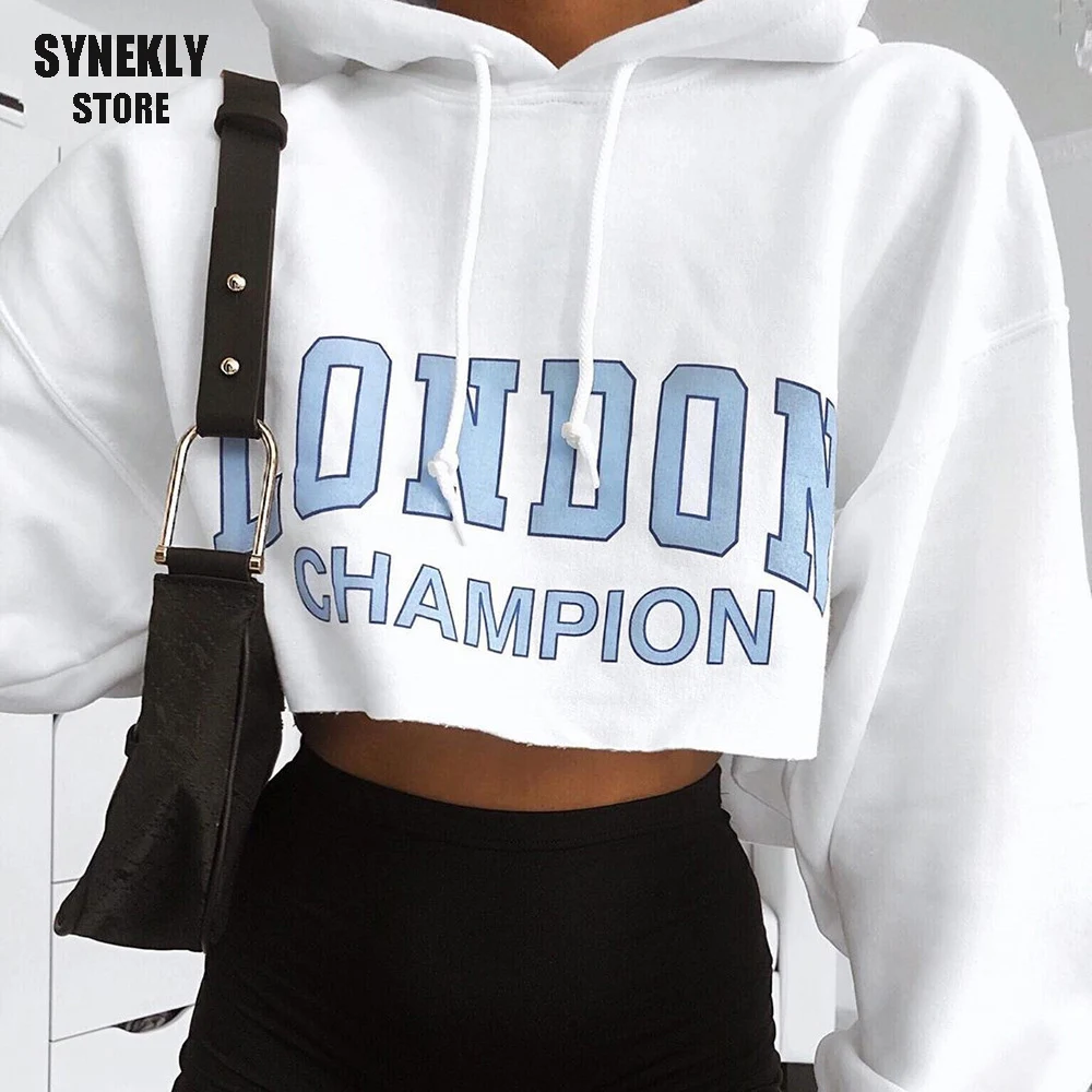 

Модные Белые крутые короткие женские толстовки с буквенным принтом, новинка 2021, пуловер с капюшоном и длинным рукавом, хлопковая свободная ...