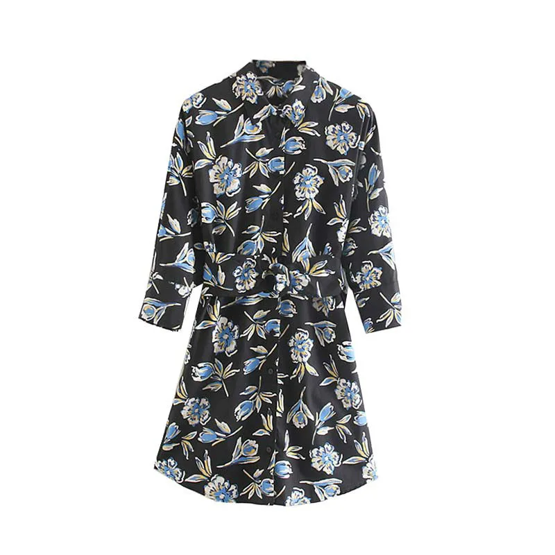 Платье рубашка с цветочным принтом и поясом винтажное шикарное женское платье 2019