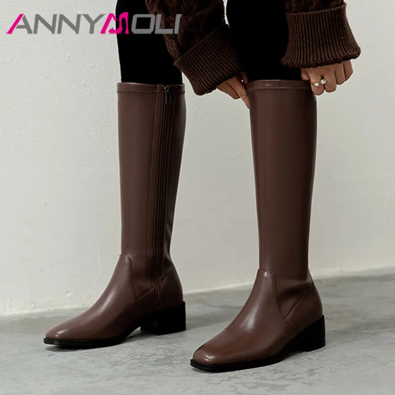 

ANNYMOLI Long Boots Women Shoes Real Leather Mid Heel Riding Boots Square Toe Block Heels Zip Knee High Boots Lady Autumn Brown