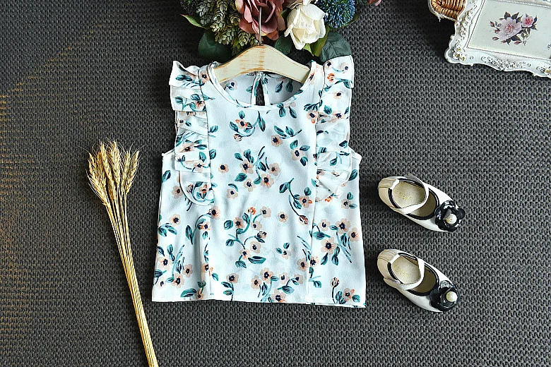 Детская одежда новый летний костюм для девочек Рубашка без рукавов с цветочным