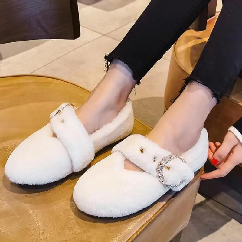 Балетки женские с кристаллами плюшевые плоская подошва меховые теплые без