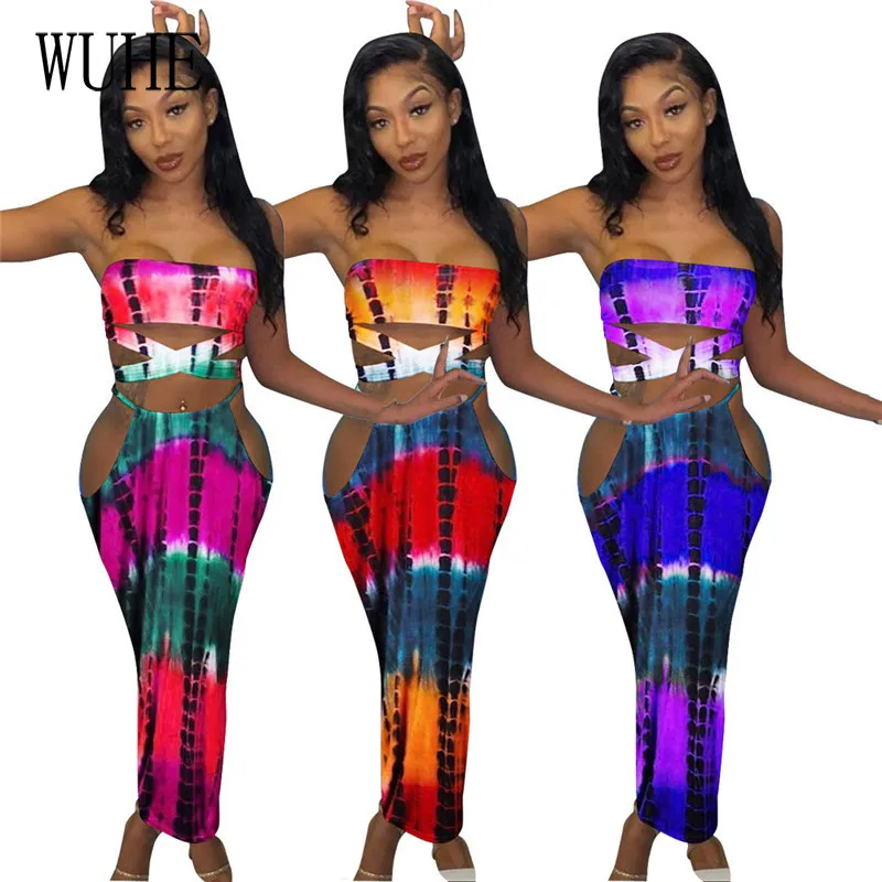 

KEXU Two 2 Piece Tie Dye Gradient Print Sexy Strapless Crop Tops Hollow Out Maxi Skirts Women Matching Set Beach Outfits