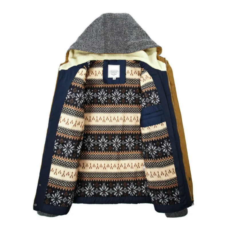 Winter Men's Thick Jackets Knitted Long Sleeve Hooded Parkas Patchwork Full Zipper Fashionable Causal Fleece Padded Coat EU Size