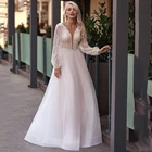 Кружевное блестящее ТРАПЕЦИЕВИДНОЕ свадебное платье из тюля на молнии с V-образным вырезом и длинным рукавом, аппликацией и блестками, 2021