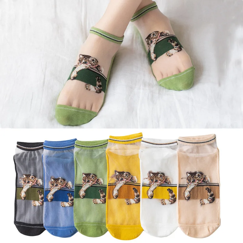 

Spring and Summer New Short Stockings Women Japanese Cute Kawaii Cat Card Stockings Glass Silk Socks Ladies Summer Thin Cartoon