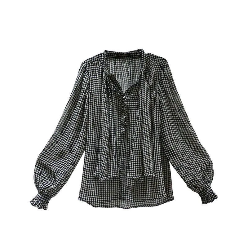 

COIGARSAM Office Lady blouse women Spring French Style Ruffles Print Loose womens tops and blouses 1204