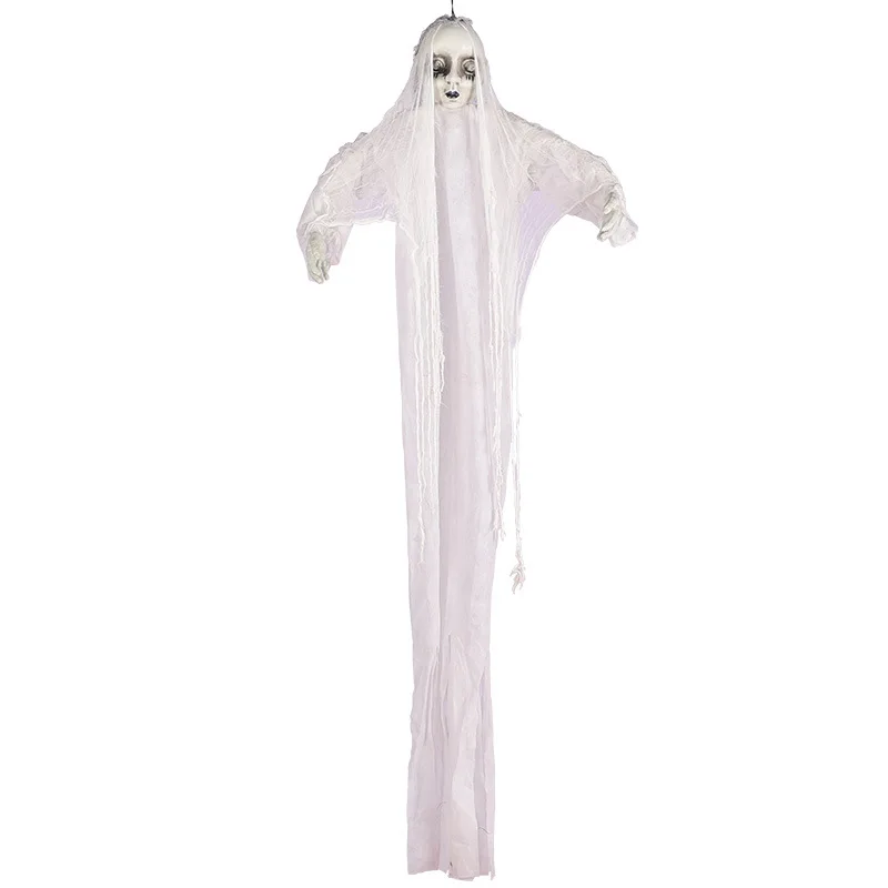 

Black Eyes White Female Hanging Ghost Halloween Secret Room Haunted House Dress Up Scary Props Voice Control Eyes Glow Sound
