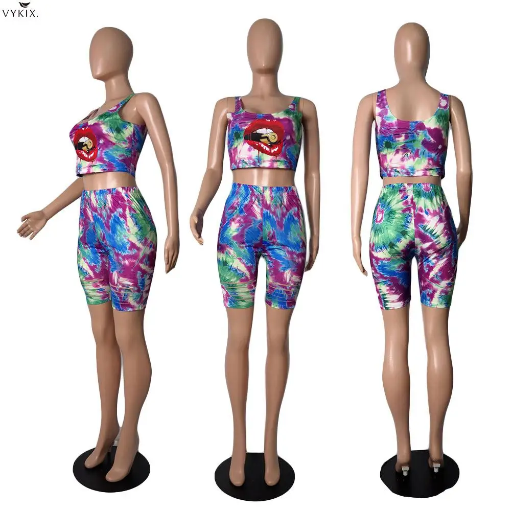 

Women Sports Lips Tie Dye Galaxy Print Tank Tops Hole Shorts Suits Two Piece Sets Fashion Tracksuits Matching Sets Club Outfits