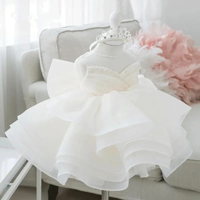 

2021 Vintage Flower Girls Dresses Ivory Baby Infant Toddler Baptism Clothes Lace Tutu Ball Gowns Birthday Party Dress