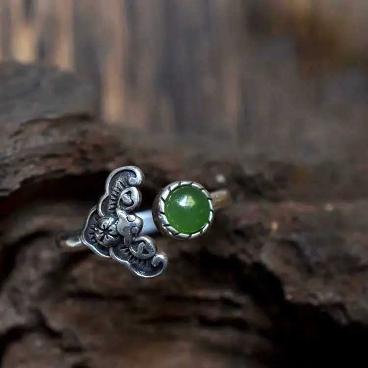 SNew silver inlaid Hetian jasper ethnic style retro original jewelry niche design neutral men and women opening adjustable ring | Украшения