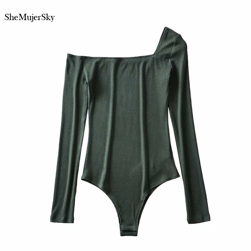 

SheMujerSky Women Black One Shoulder Bodysuit Solid Color Long Sleeve Jumpsuits 2020 Elastic Womens Bodysuits