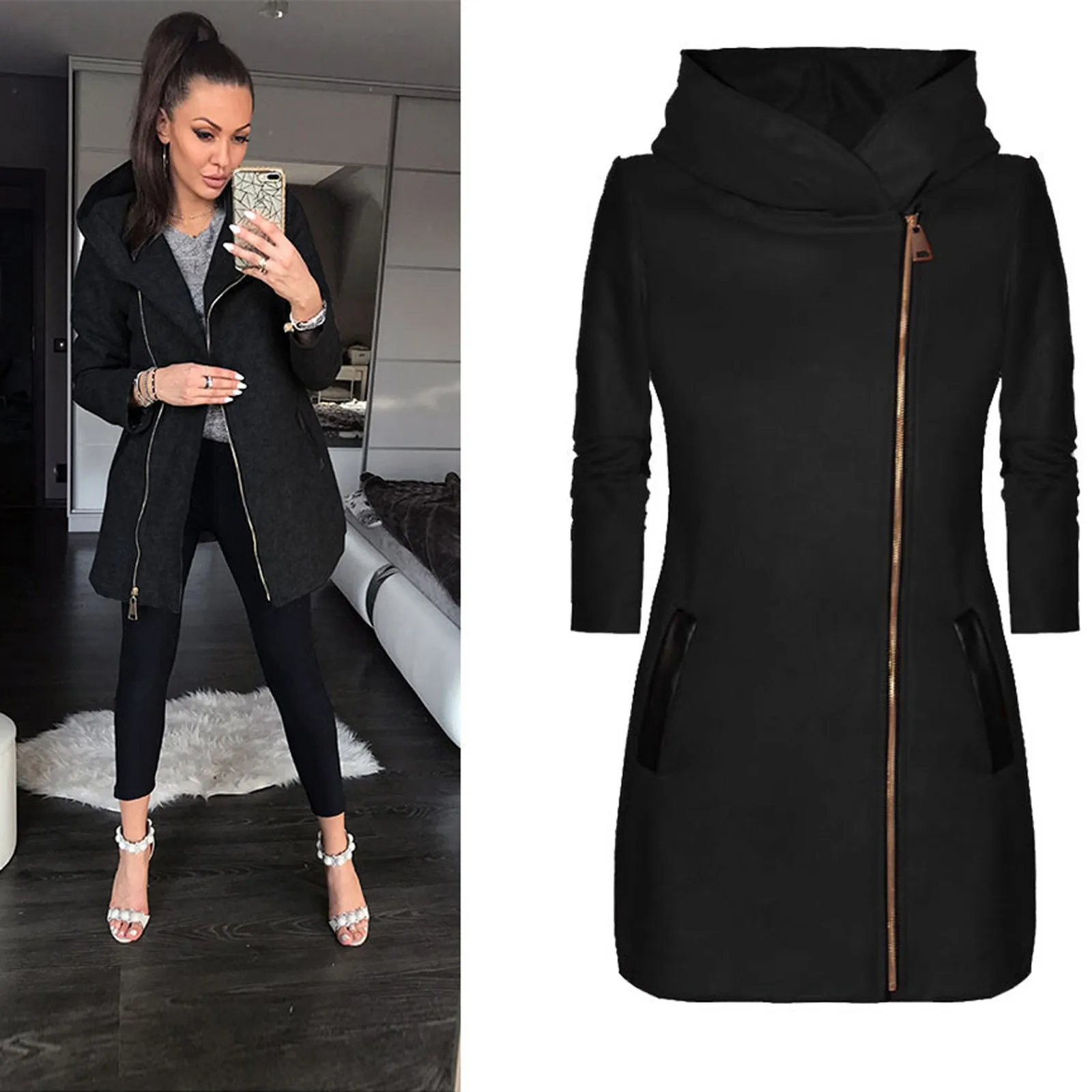 Женская флисовая толстовка с капюшоном и карманами на молнии сбоку | одежда