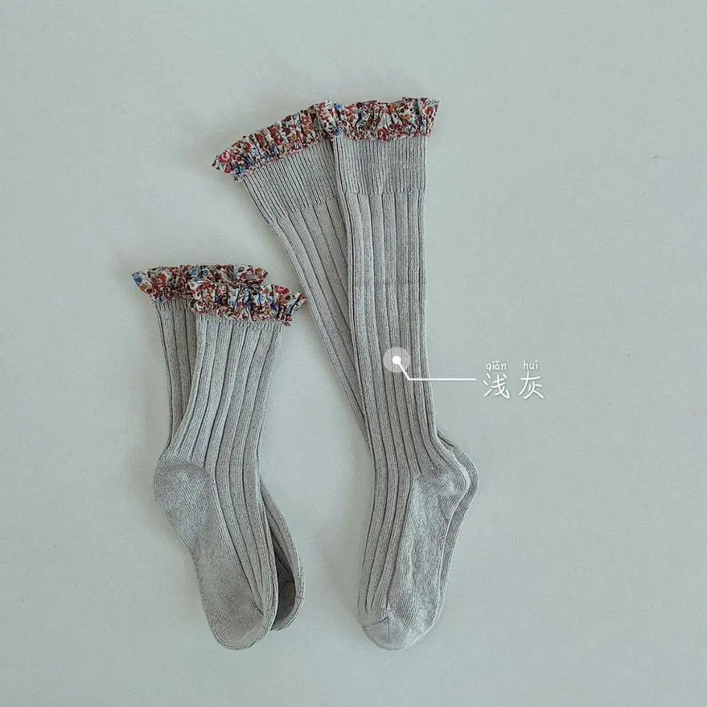 

Vintage Floral Lace Girl Socks Double Needle Children's Socks Knee High Socks +Short Sock Princess Girls Baby Leg Warmers 2pairs