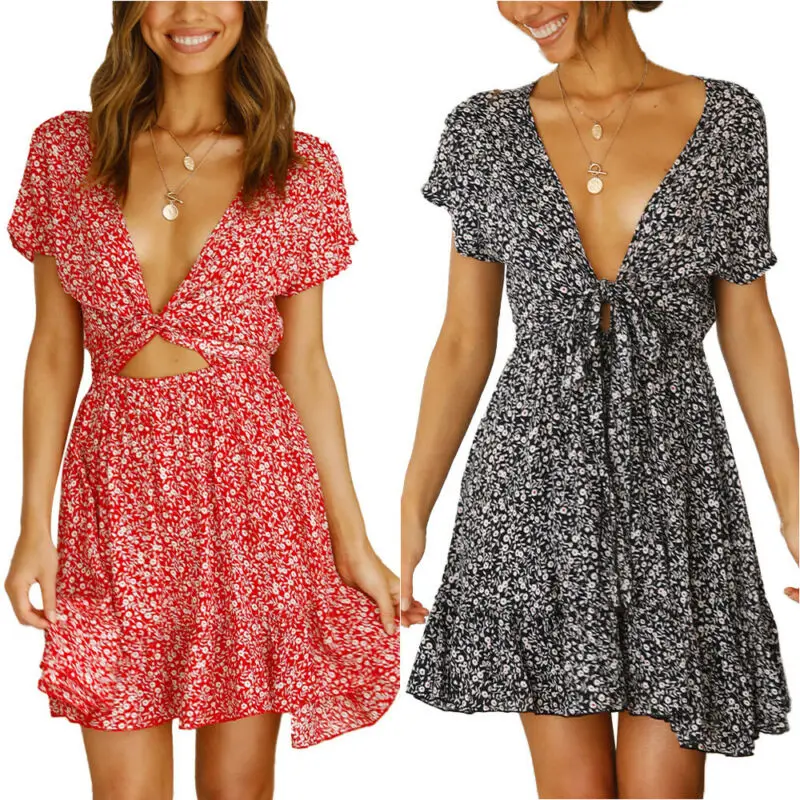 

Women Dress Floral Print Mini Dresses Beach Deep V Holiday Summer Sundress Ladies Ruffle Short Sleeve Woman Dress