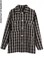 women 2021 fashion with pockets oversized tweed jacket coat vintage long sleeve frayed hem female outerwear chic tops