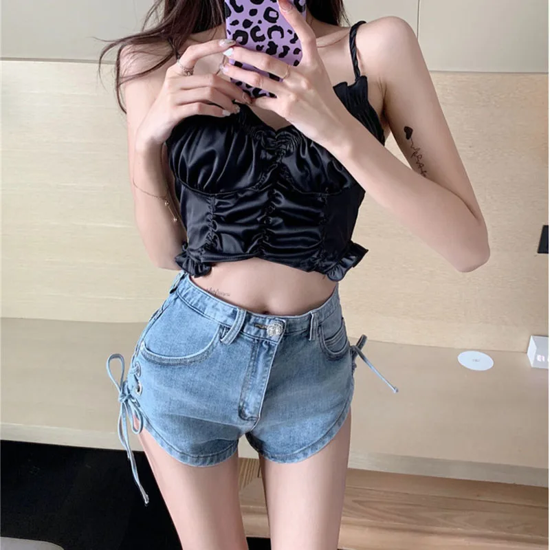 

Summer Women High Waist Loose Drawstring Denim Shorts Sexy Casual Button Korean Female Thin Wide Leg Jeans