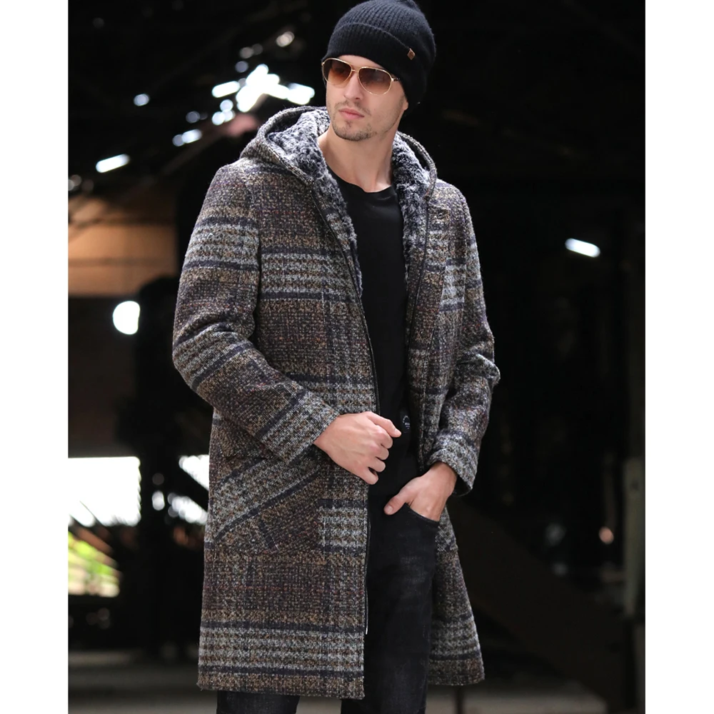 Мужская длинная Шуба с капюшоном SANI коричневая теплая шуба из натурального меха