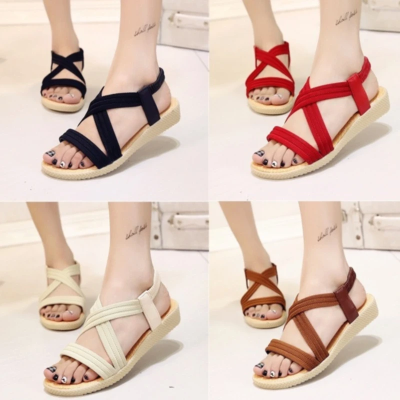 

Women Solid Color Flock Cross Straps Open Toe Flat With Sandals Fashion Elastic Band Sandalen Summer Sandals Sandalias