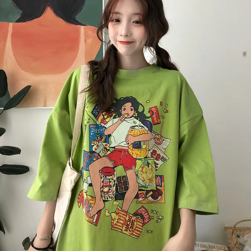 

Women Summer Fashion Brand Korea Style Cartoon Girl Print Short Sleeve T-shirt Female Casual Loose Tee Tshirts Cloth
