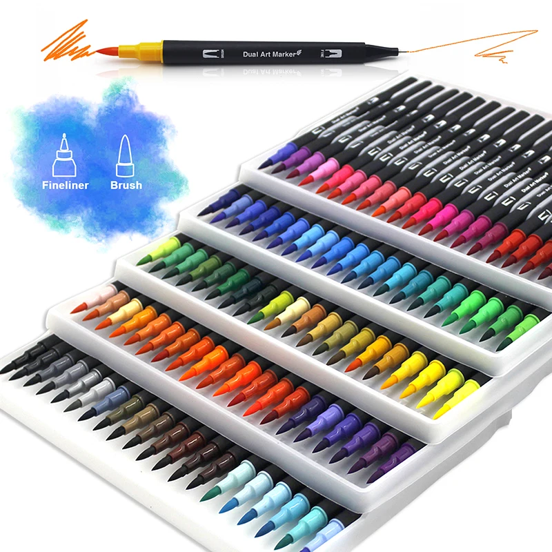 Watercolor Art Markers Brush Pen Dual Tip Fineliner Drawing for Calligraphy Painting 72 Colors Set Art Supplies