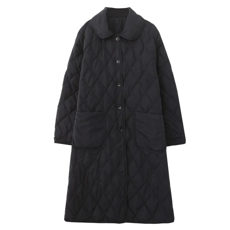 Women Fashion Black Argyle Coats 2021 Winter Women Elegant Turn Down Collar Cotton Jackets Single-breasted Warm Long Parkas