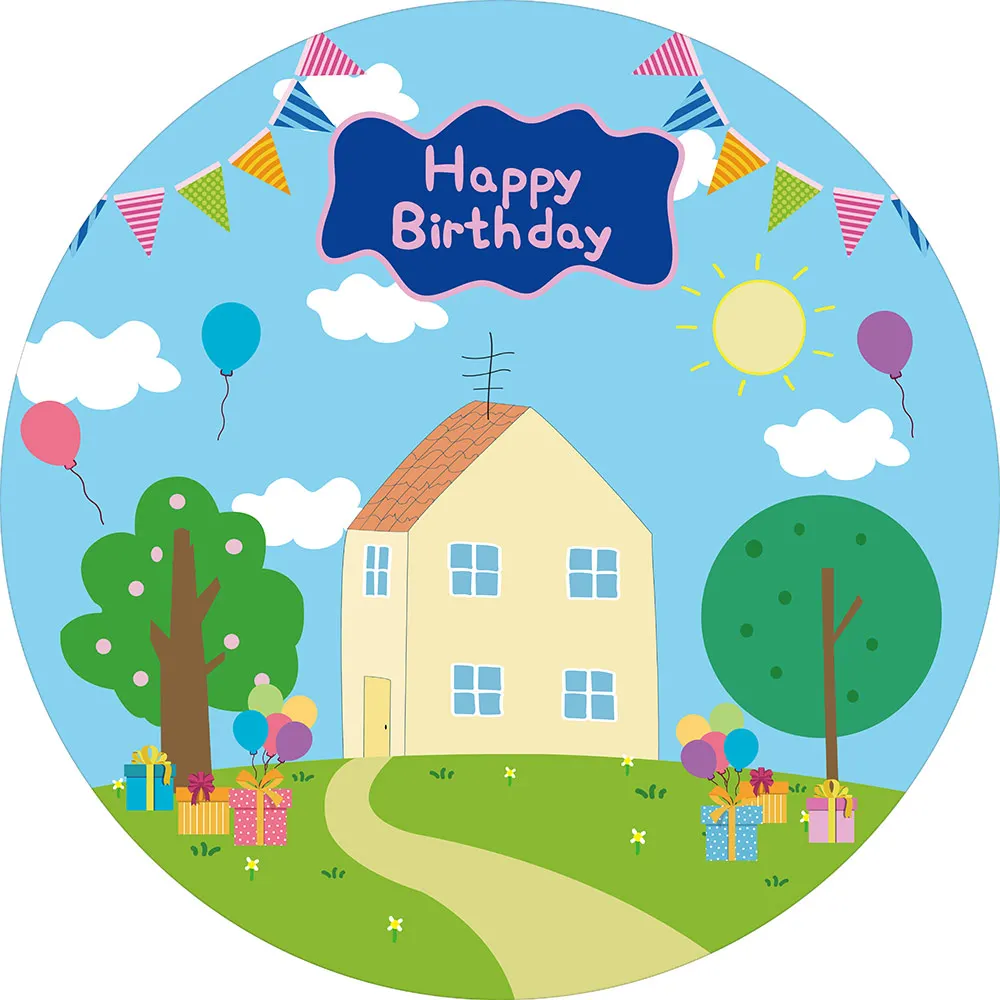 

Cartoon Pig Birthday Party Round Backdrop Cover Baby Shower Houses Child Decoration Circle Banner Gift Background Photobooth