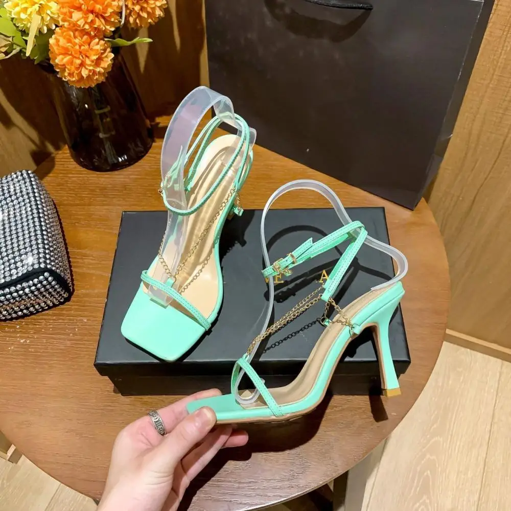 

Ladies Fashion Square Toe High Heel Sandals Chain Decorative Buckle Roman Open Toe Stiletto High Heel Women Elegant Party Shoes