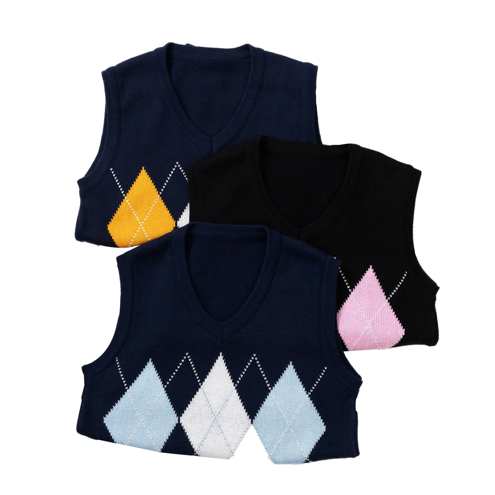 

Women Autumn Spring V-neck Knitted Vest Fashion Diamond Color-block Plaid Slim Fit Sleeveless Bottoming Tops