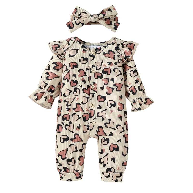 

2Pcs Infant Baby Girls Outfit Heart Print Long Sleeve Round Collar Flared Cuff Single-breasted Jumpsuit + Headwear Set Newborns