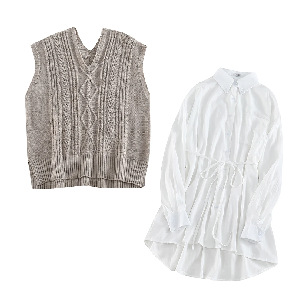 

Lazy and Loose Twist Vest Jacket Sweater Women's Mid-Length Simple White Shirt Women's Bandage Dress Top Two-Piece Set