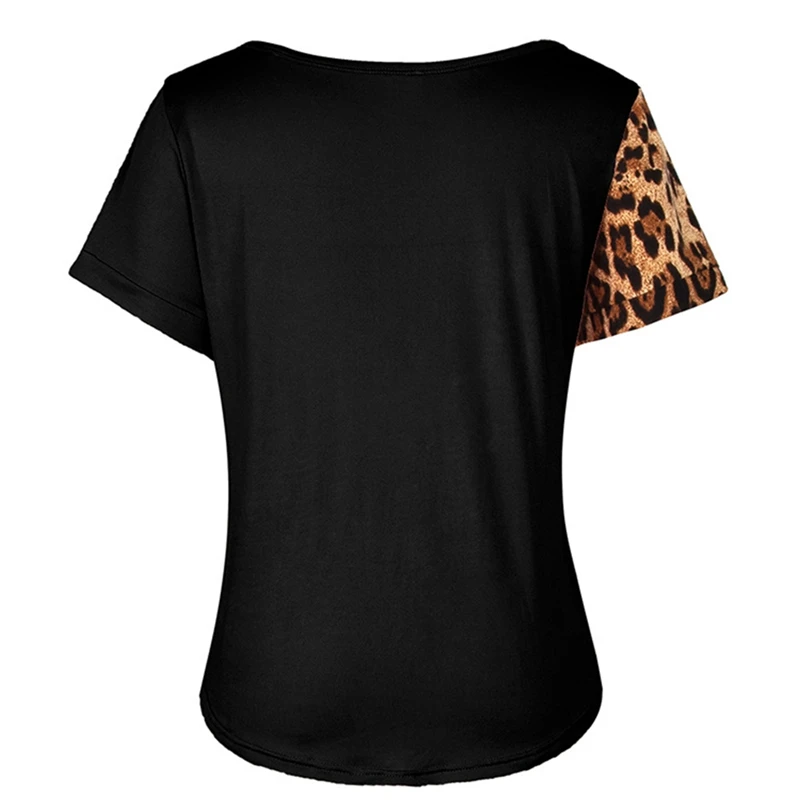 

Women's Leopard Pattern Irregular Stitching Contrast Pocket Knitted Shirt Casual V-Neck Summer Black S Size