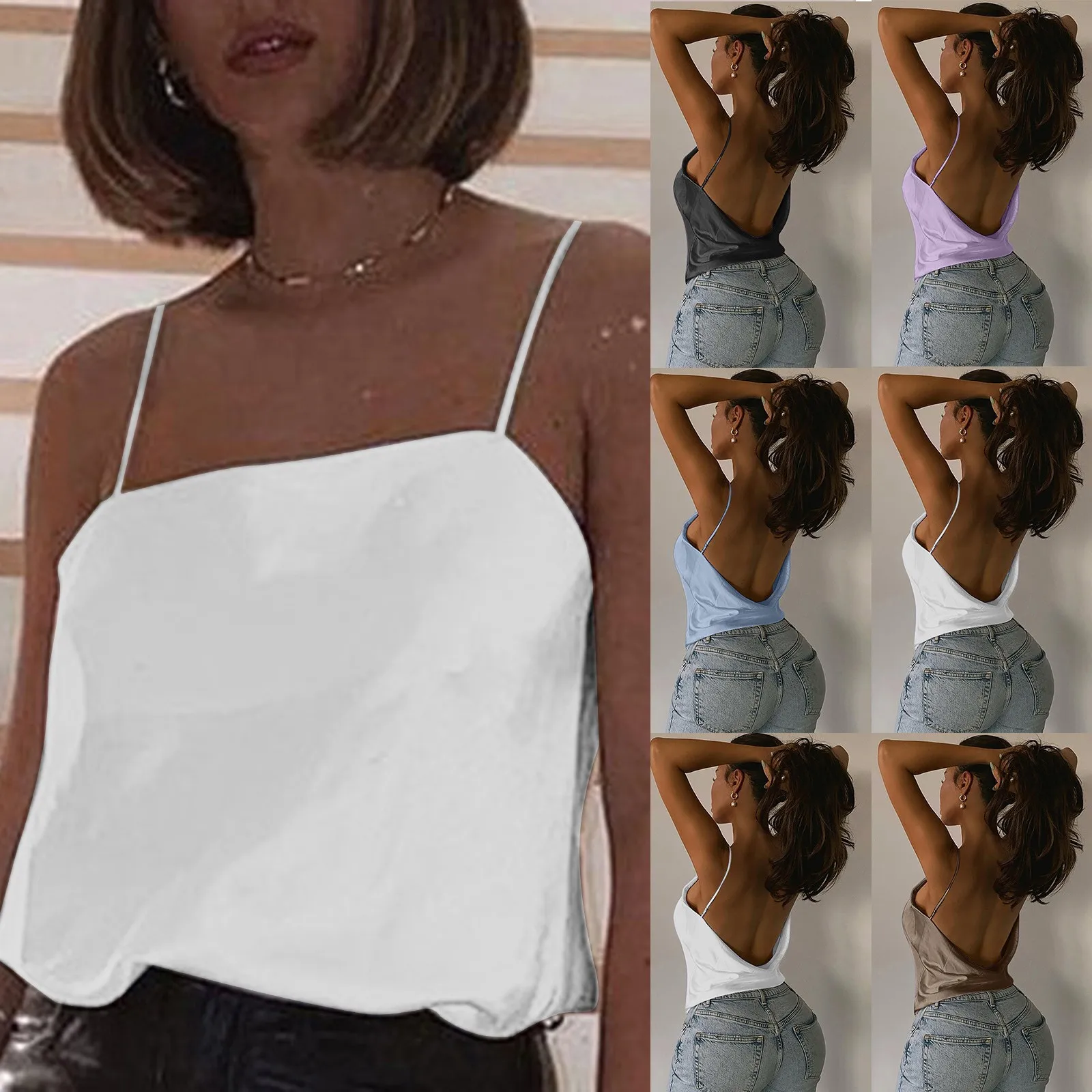 

Women's Solid color Casual Solid Color Elastic Shoulder Strap Belly Button Camisole Top Ladies sexy strap bottoming vest top
