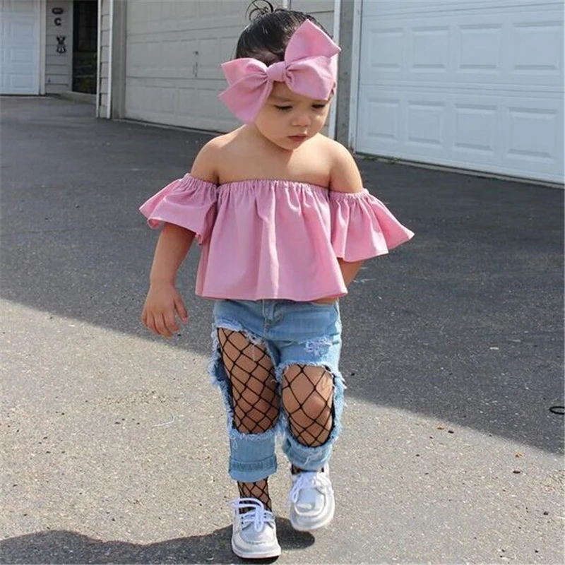 

2020 TALLOLY kids tube top short-sleeved denim trousers suit headband children girls suit women autumn