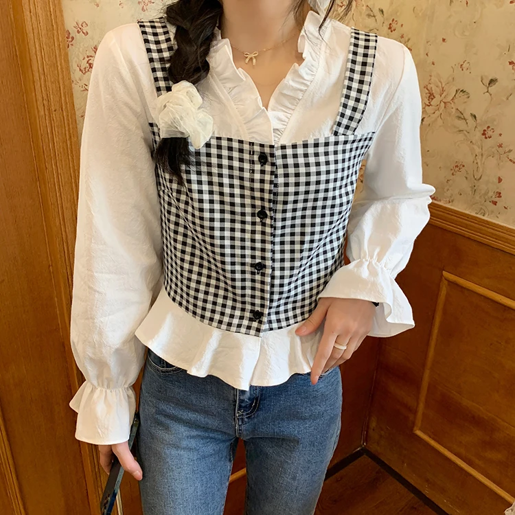 

Fake Two-Piece V-neck Plaid Shirt Women's Design Sense Spring Autumn 2021 New Cute Youth-Looking Short Long Sleeve Top