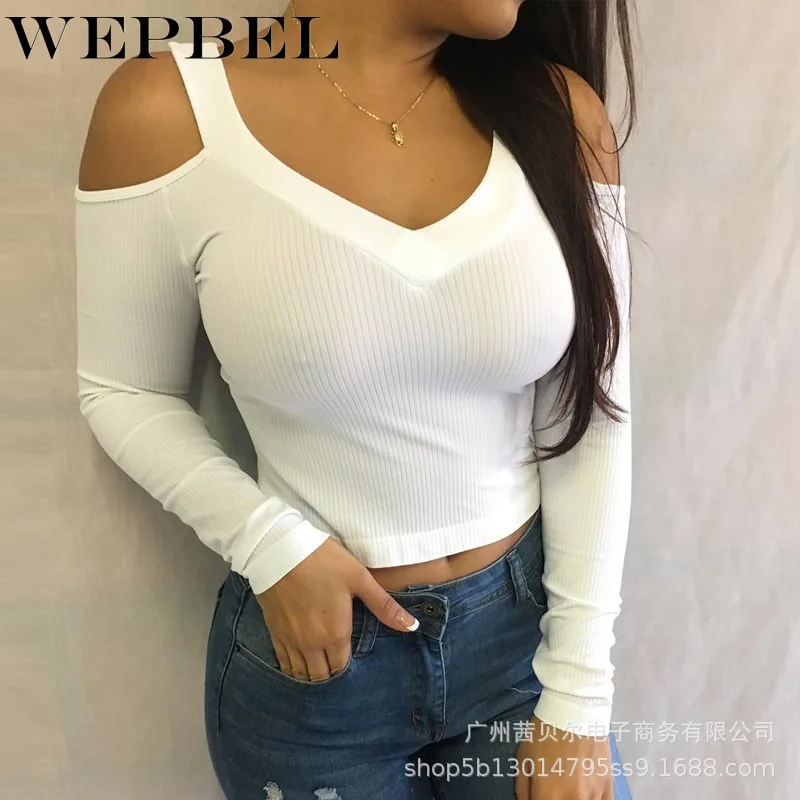 

Mandylandy Women Autumn Spring Sexy Off Shoulder Shirt Crop Top Casual Lady Long Sleeve V Neck Skinny White T-shirt