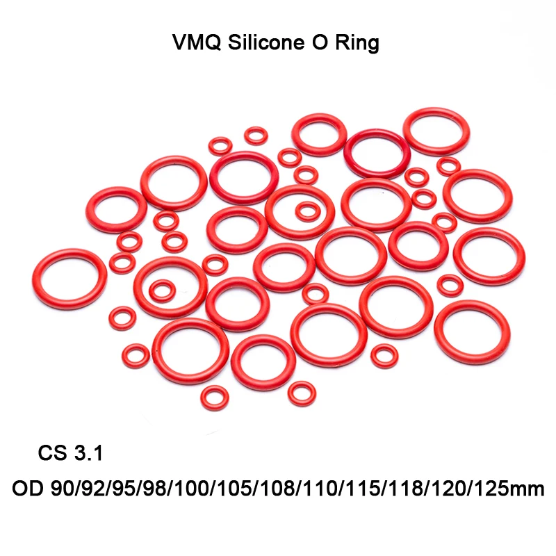 

5pcs/lot Red VMQ Silicone O Ring Gasket Rubber Washer CS 3.1mm OD 90mm~125mm Food Grade Silicon O Ring Gasket Rubber o-ring