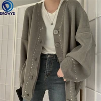 2021 autumn and winter clothing new single breasted loose long sleeved cardigan jacket knitted sweater women v neck gray sweater