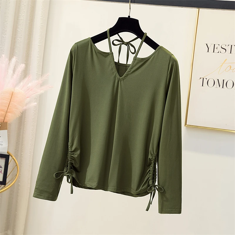 

Black Green Sexy Long Sleeved Plus Size Korean Autumn Elegant Fashion Blouses And Tops Women'S Oversize T-Shirt Clothing 2021