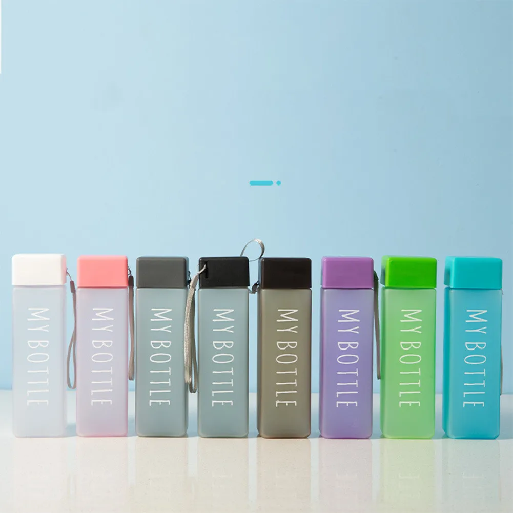 

450ml Portable Square Frosted Plastic Water Cup Sports Bottles Leak Proof With Rope Leakproof Sports Square Cup Bottles
